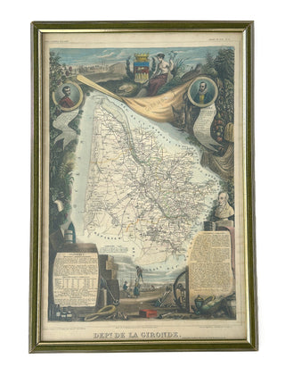 Framed 19th-Century French Map – “Dépt. de la Gironde” by V. Levasseur, Hand-Colored, c. 1847