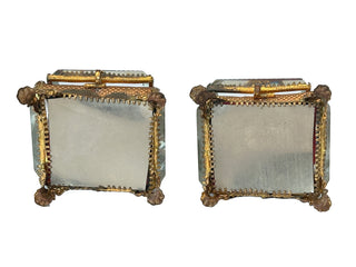 Antique French Jeweled Glass Casket – Red Tufted Silk Interior with Gilt Bronze Mounts