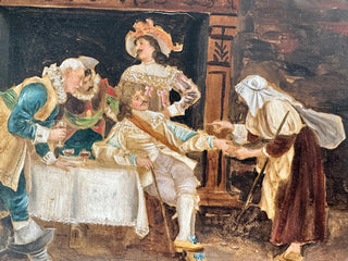 Antique Genre Scene Painting on Canvas – Tavern Interior with Figures, Signed