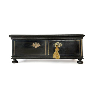 Antique French Black Lacquer Jewelry / Sewing Box with Floral Miniature, 19th Century