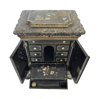 19th-Century English Papier-Mâché Jewelry & Needlework Cabinet