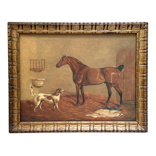 Equestrian and Sporting Oil Painting — Horse and Spaniel in Stable