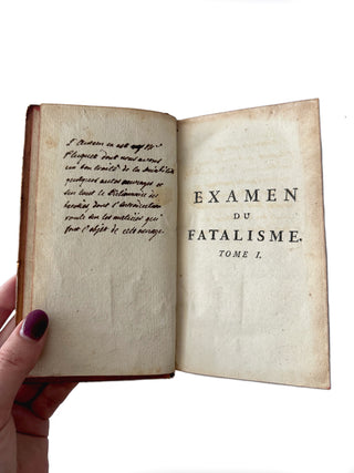 Antique complete 1757 1st edition "Examen du fatalisme" set of 2 books