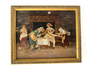 Antique Genre Scene Painting on Canvas – Tavern Interior with Figures, Signed