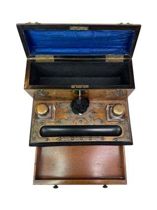 Victorian Burl Walnut and Brass-Mounted Writing Slope with Inkwells – c. 1870