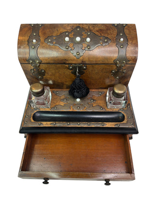 Victorian Burl Walnut and Brass-Mounted Writing Slope with Inkwells – c. 1870
