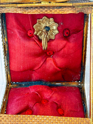 Antique French Jeweled Glass Casket – Red Tufted Silk Interior with Gilt Bronze Mounts