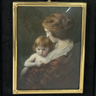 Hand-Painted French Portrait Miniature on Milk Glass – Mother and Child