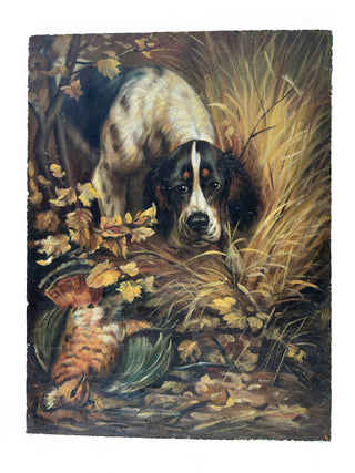 Vintage Hunting Dog Painting on Board – Sporting Scene with Game Bird