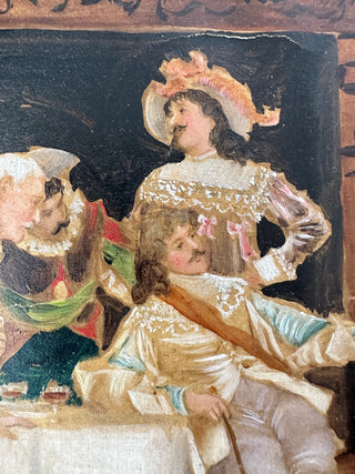 Antique Genre Scene Painting on Canvas – Tavern Interior with Figures, Signed