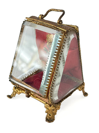 Antique French Jeweled Glass Casket – Red Tufted Silk Interior with Gilt Bronze Mounts