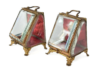 Antique French Jeweled Glass Casket – Red Tufted Silk Interior with Gilt Bronze Mounts