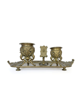 Antique French Bronze Desk Standish – Inkwell Set with Figural Mask Detail, c. 19th Century