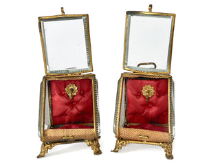 Antique French Jeweled Glass Casket – Red Tufted Silk Interior with Gilt Bronze Mounts