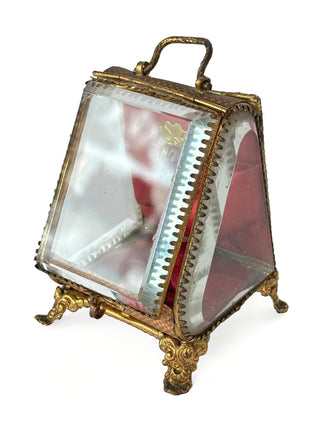Antique French Jeweled Glass Casket – Red Tufted Silk Interior with Gilt Bronze Mounts
