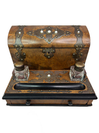 Victorian Burl Walnut and Brass-Mounted Writing Slope with Inkwells – c. 1870