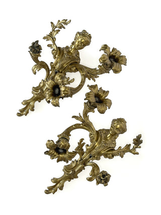 Pair of Antique French Bronze Rococo Figural Wall Sconces – Electrified