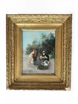 Antique French Mixed Media Painting with Decoupage Figures, 19th Century