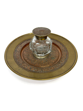 Antique Middle Eastern Brass & Copper Inkwell Set with Cut Crystal Bottle