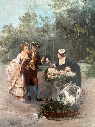 Antique French Mixed Media Painting with Decoupage Figures, 19th Century