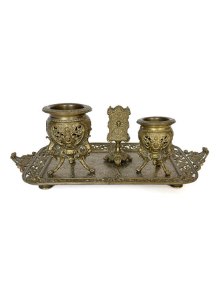 Antique French Bronze Desk Standish – Inkwell Set with Figural Mask Detail, c. 19th Century