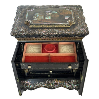 19th-Century English Papier-Mâché Jewelry & Needlework Cabinet