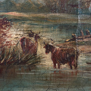19th-Century English School Oil Painting – Highland Cattle in a River Landscape