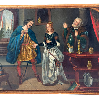 Antique French Hand-Painted Wooden Box – Renaissance Courtship Scene, France, 19th Century