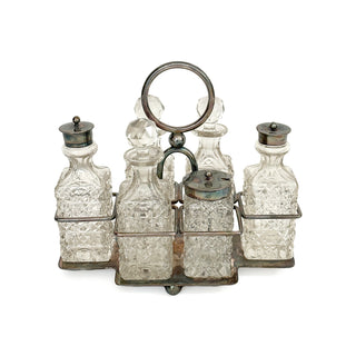 Victorian Cut Crystal & Silverplate Cruet Set – 5 Bottles in Caddy