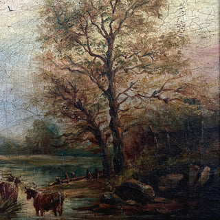 19th-Century English School Oil Painting – Highland Cattle in a River Landscape