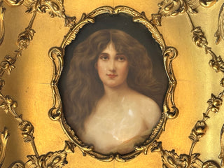 Antique Hand-Painted Porcelain Portrait Plaque – Lady with Flowing Hair in Ornate Gilt Wood Rococo Frame, Marked MHR