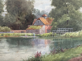 Victorian Watercolor of a Riverside Mill by F. Dixon