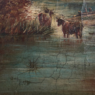 19th-Century English School Oil Painting – Highland Cattle in a River Landscape
