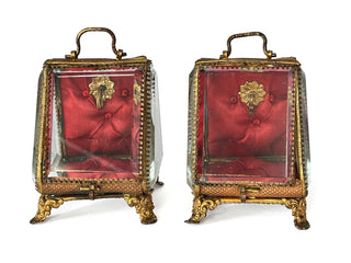 Antique French Jeweled Glass Casket – Red Tufted Silk Interior with Gilt Bronze Mounts