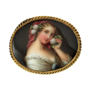 Antique Hand-Painted Portrait Brooch of a Lady with Roses