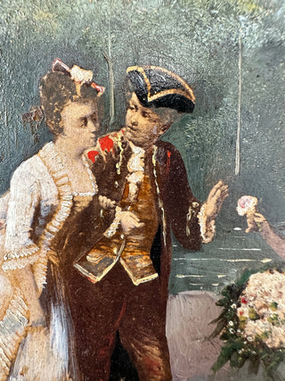 Antique French Mixed Media Painting with Decoupage Figures, 19th Century