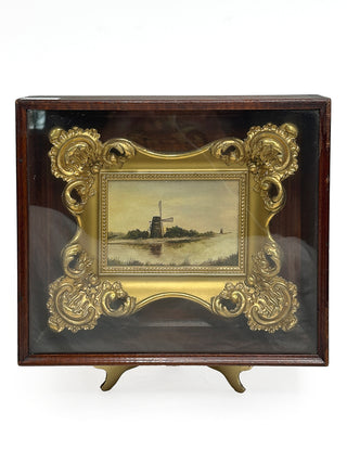 19th Century Hand-Painted Porcelain Windmill Scene – Shadow Box Frame