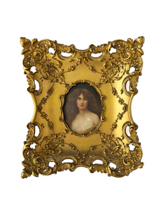 Antique Hand-Painted Porcelain Portrait Plaque – Lady with Flowing Hair in Ornate Gilt Wood Rococo Frame, Marked MHR