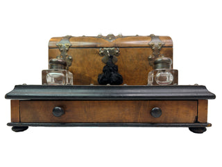 Victorian Burl Walnut and Brass-Mounted Writing Slope with Inkwells – c. 1870