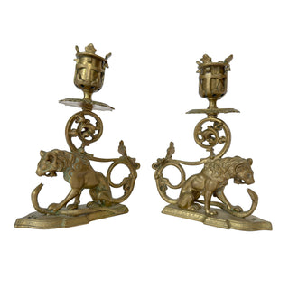 antique French Bronze Candlestick Pair | Lion & Serpent Motif | Mid-19th Century