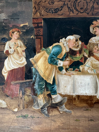 Antique Genre Scene Painting on Canvas – Tavern Interior with Figures, Signed