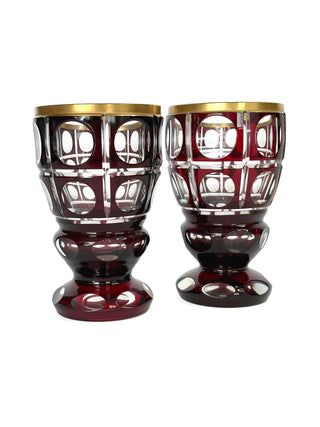 Pair of Antique Bohemian Overlay Crystal Goblets
