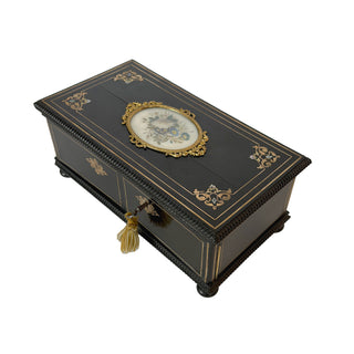 Antique French Black Lacquer Jewelry / Sewing Box with Floral Miniature, 19th Century