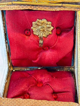 Antique French Jeweled Glass Casket – Red Tufted Silk Interior with Gilt Bronze Mounts