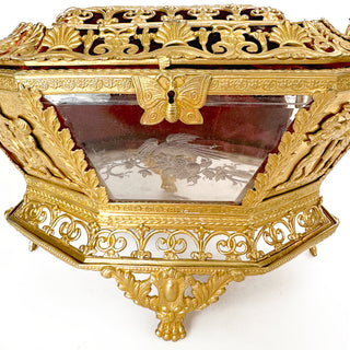 19th-Century French Gilt Bronze & Etched Crystal Jewelry Casket