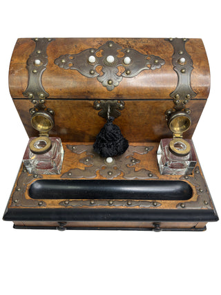 Victorian Burl Walnut and Brass-Mounted Writing Slope with Inkwells – c. 1870