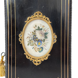 Antique French Black Lacquer Jewelry / Sewing Box with Floral Miniature, 19th Century