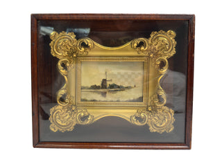 19th Century Hand-Painted Porcelain Windmill Scene – Shadow Box Frame