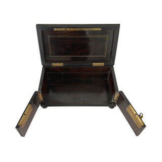 Antique French Black Lacquer Jewelry / Sewing Box with Floral Miniature, 19th Century