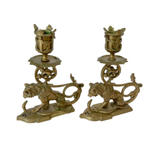 antique French Bronze Candlestick Pair | Lion & Serpent Motif | Mid-19th Century